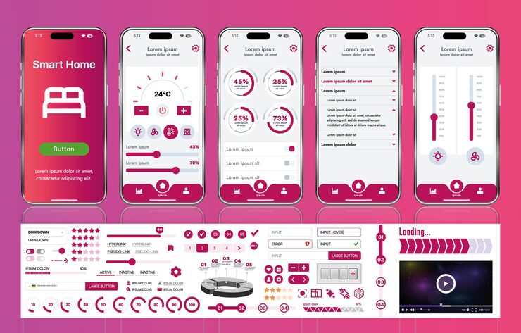Vector a set of ui ux elements for smart home management mobile apps an interface with buttons panels graphs and navigation for monitoring and controlling automation systems