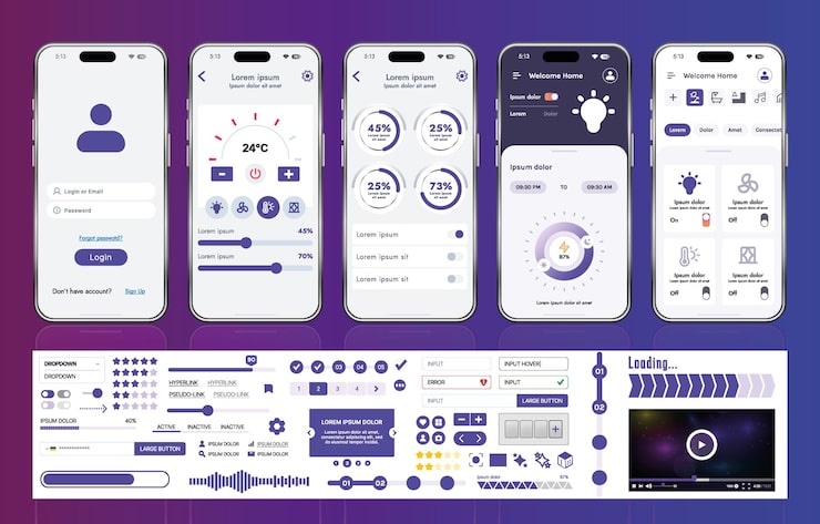 Vector a set of ui ux elements for smart home management mobile apps an interface with buttons panels graphs and navigation for monitoring and controlling automation systems