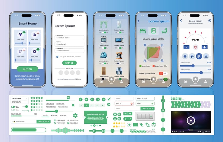 Vector a set of ui ux elements for smart home management mobile apps an interface with buttons panels graphs and navigation for monitoring and controlling automation systems