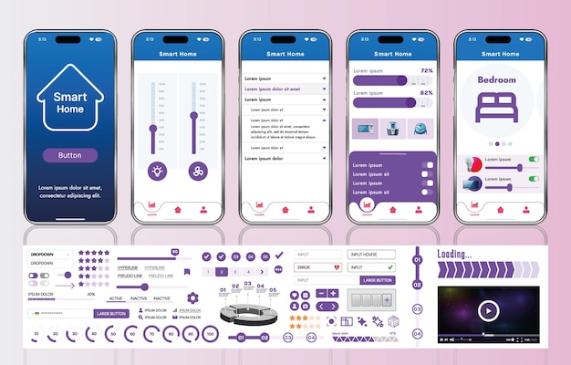 A set of UI UX elements for smart home management mobile apps an interface with buttons panels graphs and navigation for monitoring and controlling automation systems