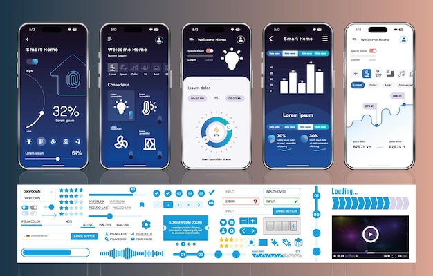 A set of UI UX elements for smart home management mobile apps an interface with buttons panels graphs and navigation for monitoring and controlling automation systems
