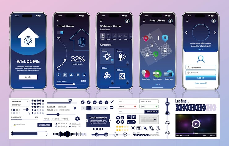 Vector a set of ui ux elements for smart home management mobile apps an interface with buttons panels graphs and navigation for monitoring and controlling automation systems