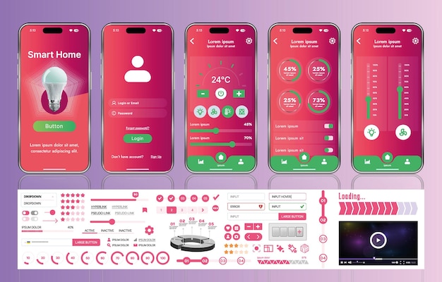 A set of UI UX elements for smart home management mobile apps an interface with buttons panels graphs and navigation for monitoring and controlling automation systems
