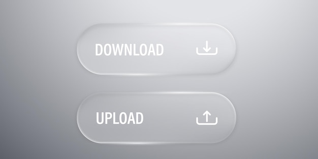 Set of up and download buttons in liquid glass style Save and upload icon push button Modern web user interface element for ui ux design Transparent frames and buttons Vector illustration