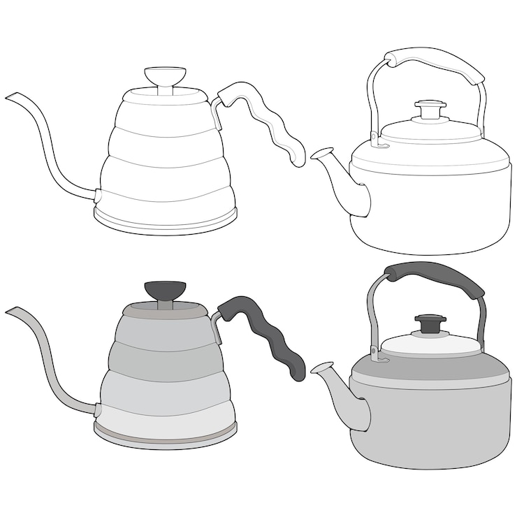 Vector set off kettle arte vectorial tetera tamplate hervidor con mango aislado sobre fondo blanco hervidor en línea vector de estilo de arte para colorear libro