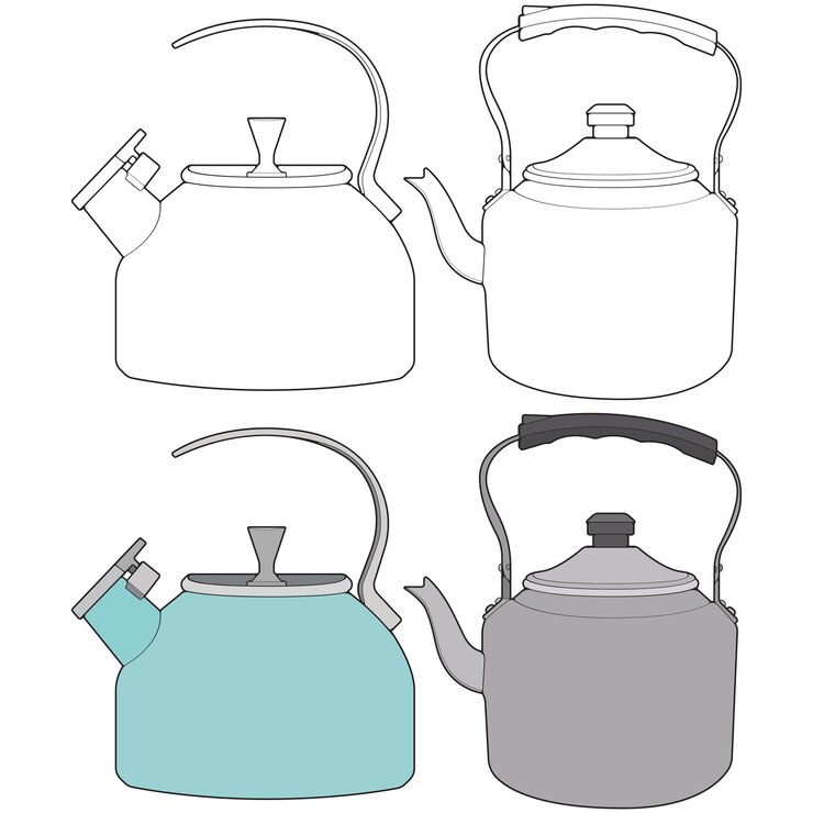 Vector set off kettle arte vectorial tetera tamplate hervidor con mango aislado sobre fondo blanco hervidor en línea vector de estilo de arte para colorear libro