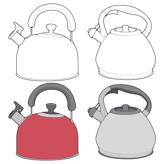 Set off kettle arte vectorial tetera tamplate hervidor con mango aislado sobre fondo blanco hervidor en línea vector de estilo de arte para colorear libro