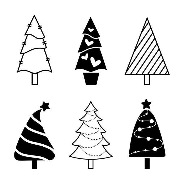 Set oh árboles de Navidad árbol de pino original silueta en blanco y negro