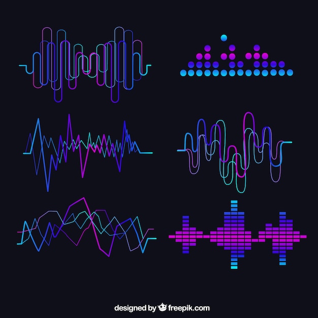 Vector set de ondas sonoras abstractas con detalles morados