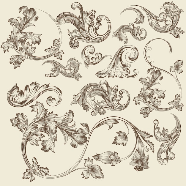 Set de ornamentos retro florales dibujados a mano