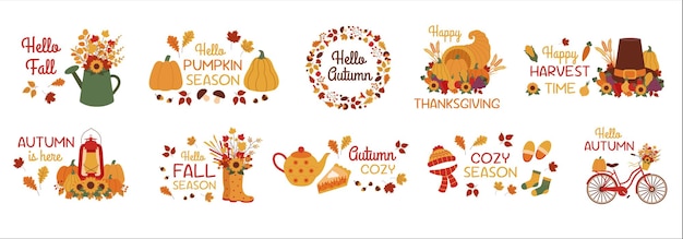 Set de otoño Set de ilustraciones y letras de otoño Colección de cliparts de la temporada de otoño Concepto de otoño