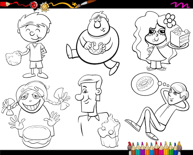 Vector set de página para colorear de dulces y niños