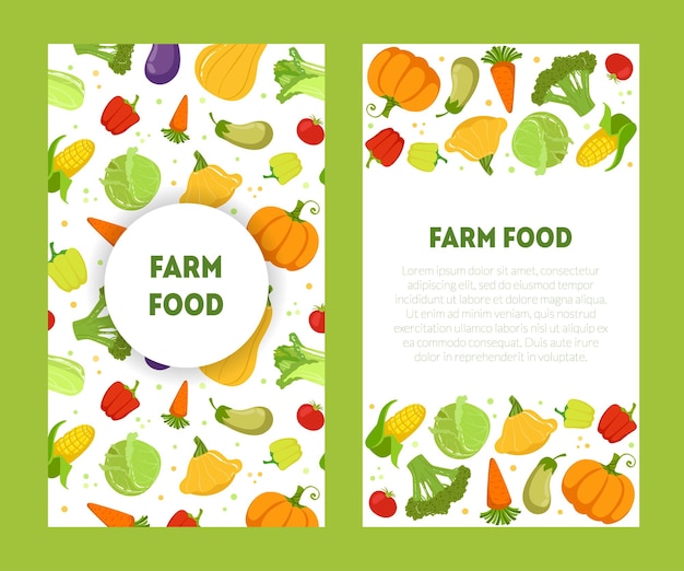 Set de pancartas de alimentos de la granja con lugar para probar verduras frescas naturales de colores Ilustración vectorial Diseño web