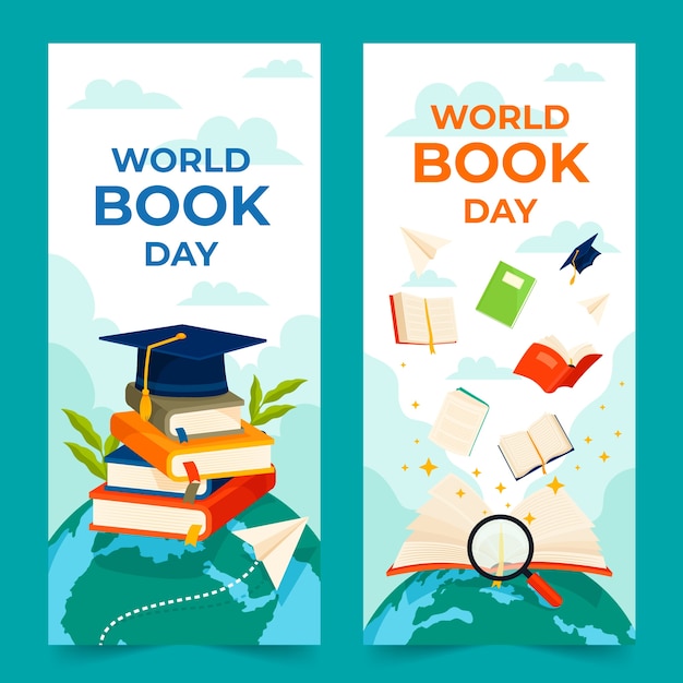 Set de pancartas de dibujos animados dibujados a mano para el Día Mundial del Libro