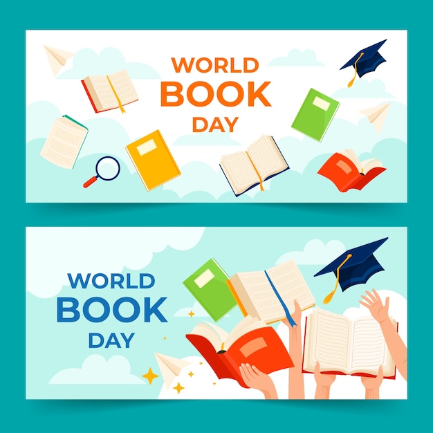 Set de pancartas de dibujos animados dibujados a mano para el Día Mundial del Libro