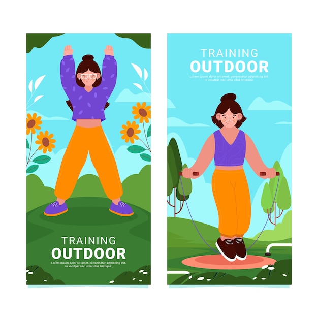 Vector set de pancartas de entrenamiento al aire libre de dibujos animados dibujados a mano.