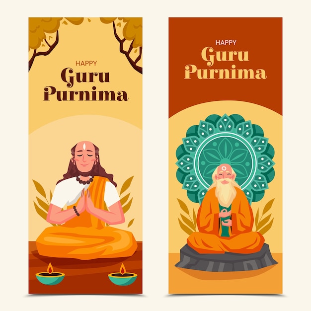 Vector set de pancartas de guru purnima dibujadas a mano