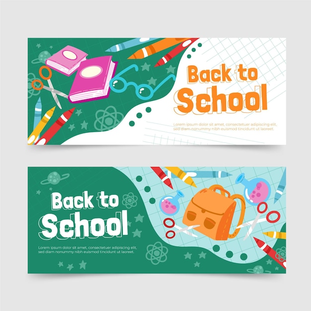 Set de pancartas horizontales dibujadas a mano de vuelta a la escuela