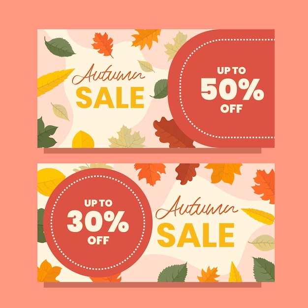 Set de pancartas de venta de otoño con coloridas hojas de otoño y ofertas de descuento