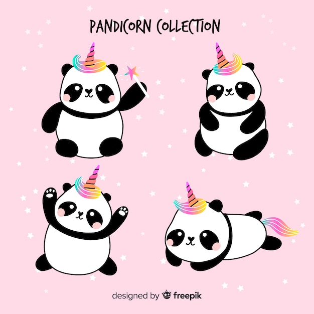 Set de pandas en estilo kawaii con apariencia de unicornio