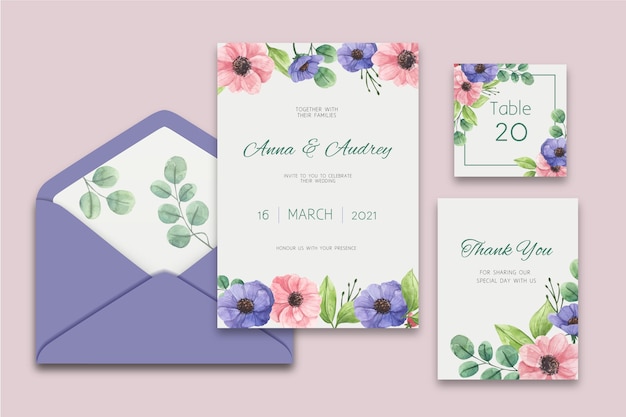 Vector set de papelería de boda floral