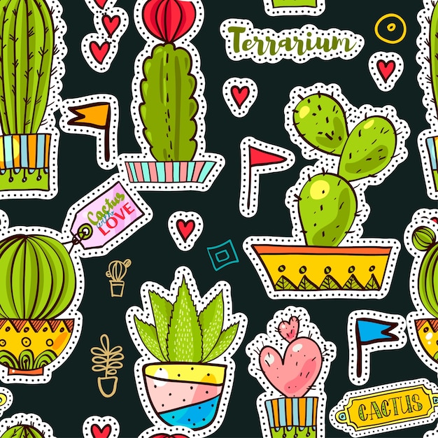 Vector set parches de moda, broches con cactus