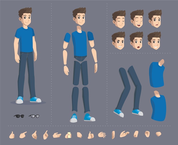 Vector set de partes de personaje joven caucasico para animacion