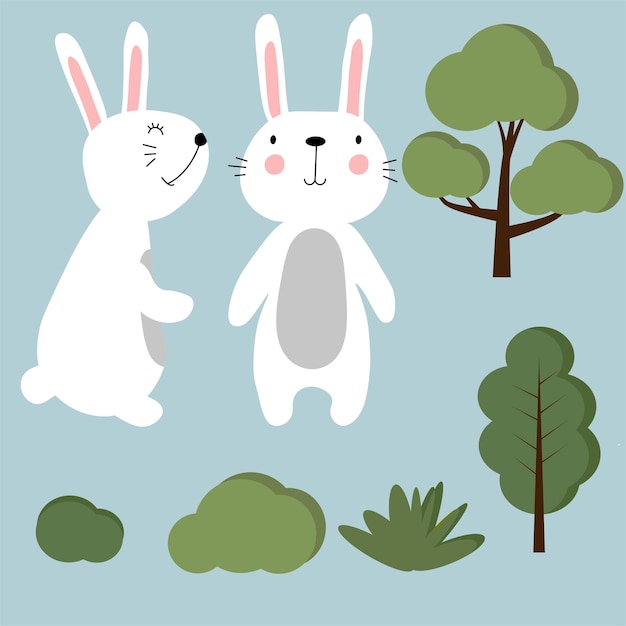 Vector set de pascua con conejos arboles y arbustos