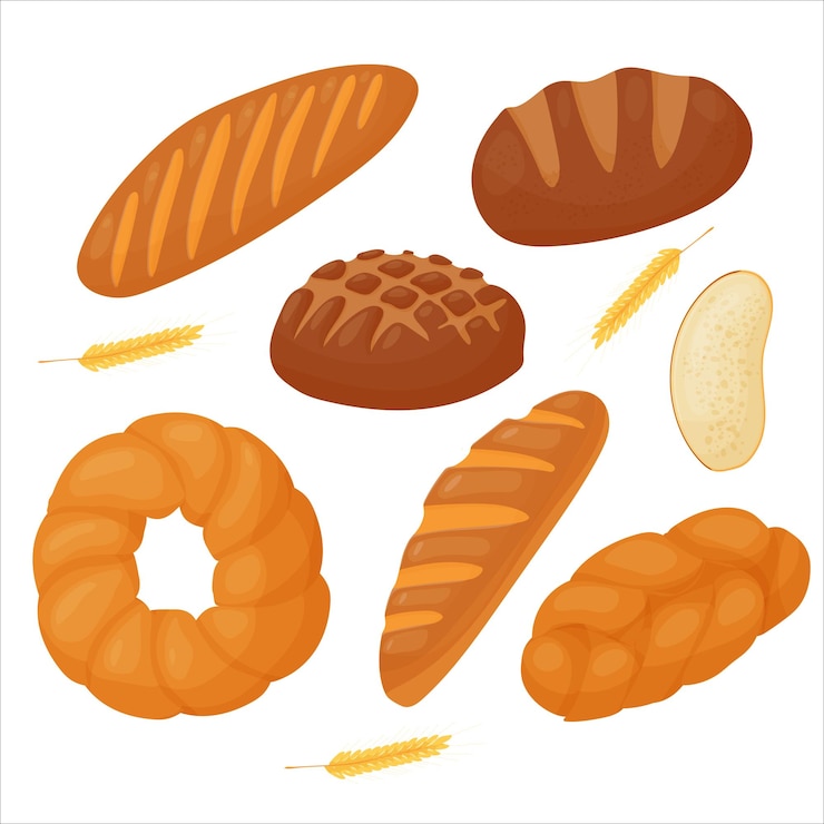 Vector set pastelería de mantequilla bollo de confitería para el desayuno pan panadería ilustración vectorial sobre un fondo blanco