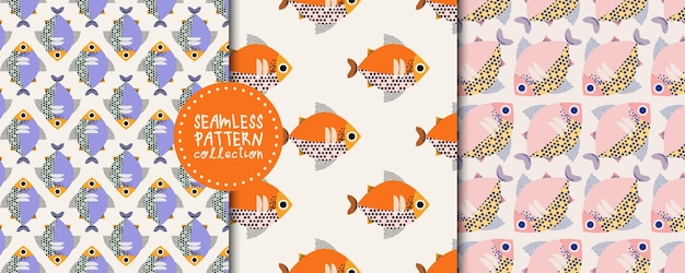 Set con patrones sin costuras con peces impresiones cuadradas vectoriales diseños fondos
