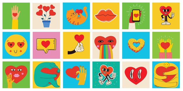 Set de pegatinas de amor hippie groovy Retro feliz día de San Valentín personaje cómico de corazón feliz en el estilo de dibujos animados retro de los años 60 y 70 personajes y elementos retro