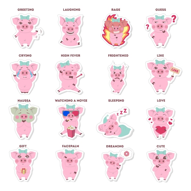 Set de pegatinas de cerdos sobre fondo blanco set para redes sociales y chats