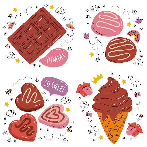 Vector set de pegatinas de chocolate con garabatos dibujados a mano