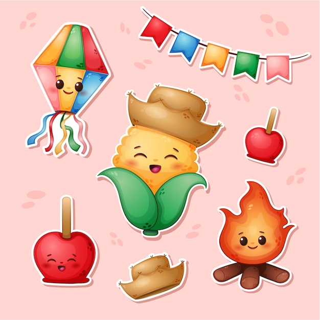 Vector set de pegatinas corn fogata sombrero manzana farol y banderas