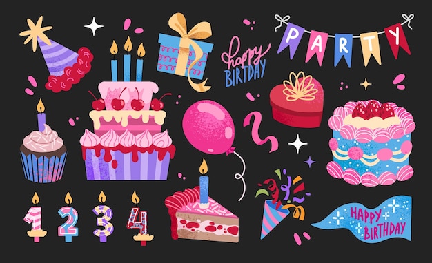 Set de pegatinas de cumpleaños de dibujos animados Regalos de vacaciones globos etiquetas de celebración de pasteles Groovy hipster