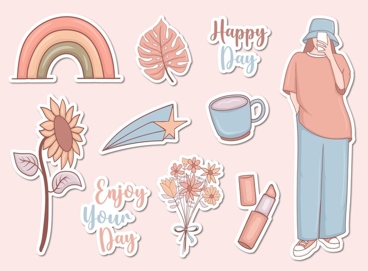 Vector set de pegatinas diarias con chica y algunos elementos.