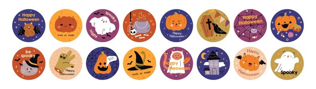 Set de pegatinas de Halloween bonitas Decoraciones circulares para las vacaciones de octubre Diseños de etiquetas de Happy Helloween con murciélago gato fantasma de calabaza y caldero Ilustración vectorial plana aislada sobre fondo blanco