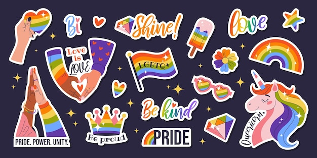 Set de pegatinas de Happy Pride Month LGBTIA Insignias aisladas con signos y símbolos frases banderas