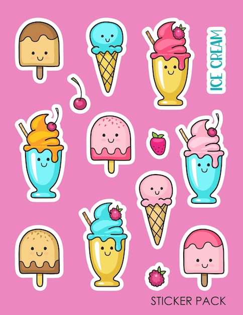 Vector set de pegatinas con helado y bayas