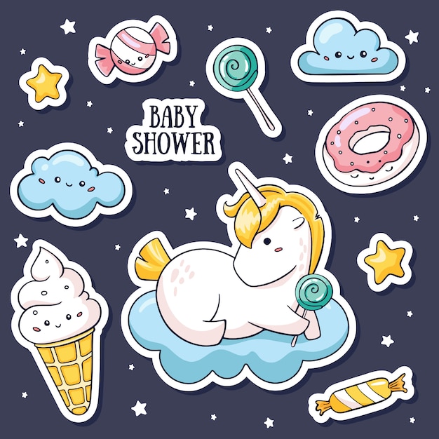 Set de pegatinas kawaii con unicornio sobre nubes y dulces.