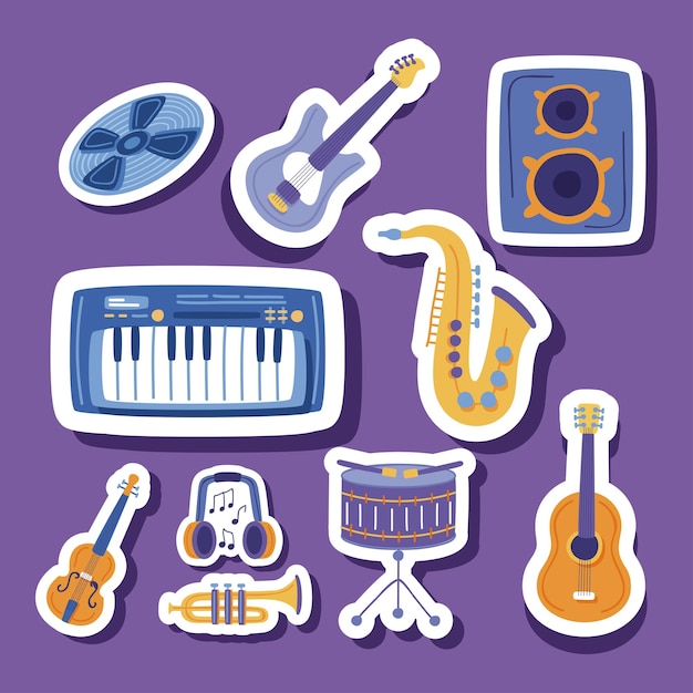 Vector set de pegatinas de música e instrumentos.