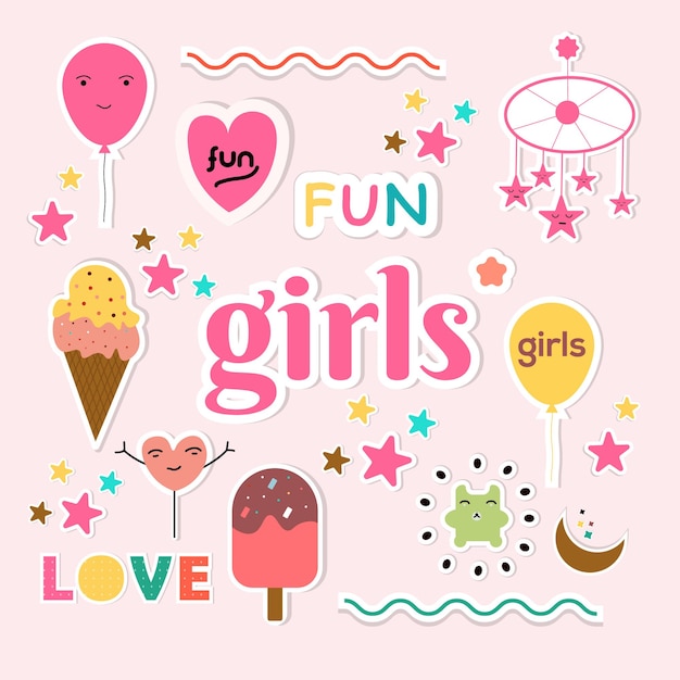 Set de pegatinas de niña con diseño de helado y luna