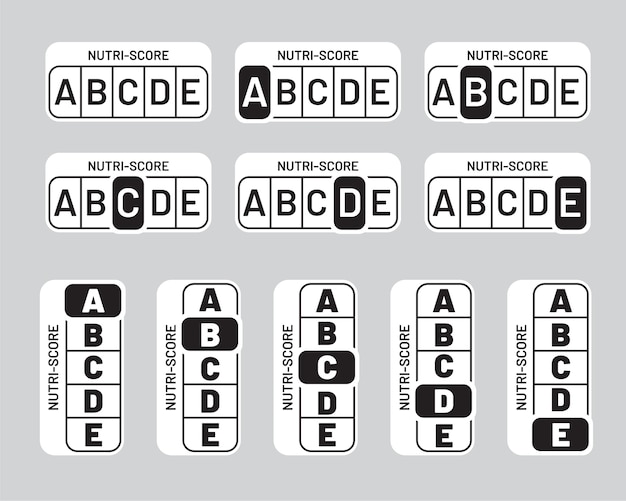 Set de pegatinas nutriscore en blanco y negro. Señal del sistema Nutri-Score monocromo vertical y horizontal. Diseño de símbolo de embalaje de atención médica