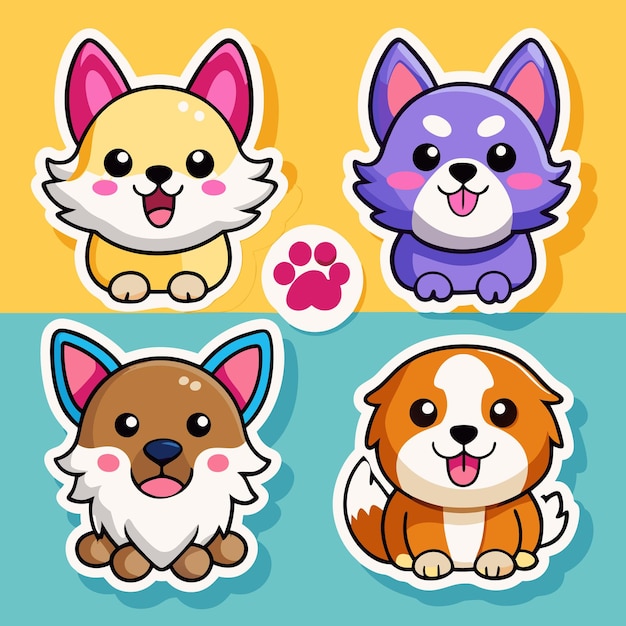 Set de pegatinas para perros de dibujos animados con diferentes colores y expresiones