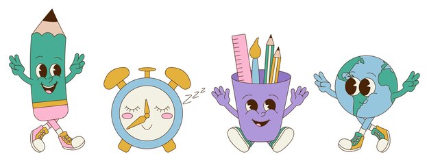 Set de pegatinas de regreso a la escuela con mascotas lindas, despertador de la Tierra, lápiz.