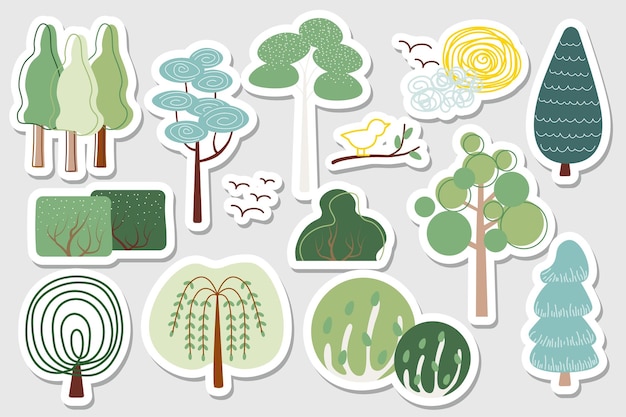 Set de pegatinas Set de árboles de contorno en diseño de dibujos animados planos Árboles y arbustos de varias formas