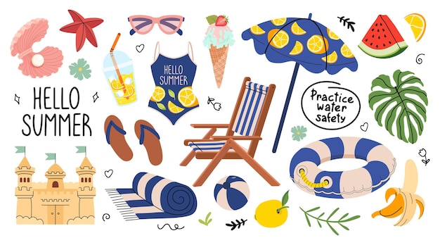 Set de pegatinas de verano bonitas Vacaciones tropicales Hola verano y letras de seguridad en el agua Vacaciones en la playa