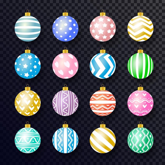 Set de pelota de Navidad vectorial de estilo realista colorido con diferentes patrones y colores aislados en un fondo transparente para carteles de felicitación, invitaciones a fiestas, volantes, pancartas de venta, 10 eps.
