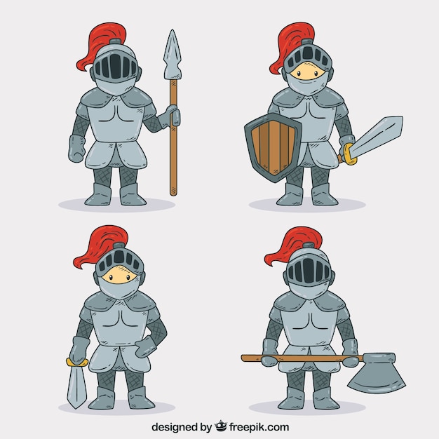 Set de personajes con armadura dibujados a mano 