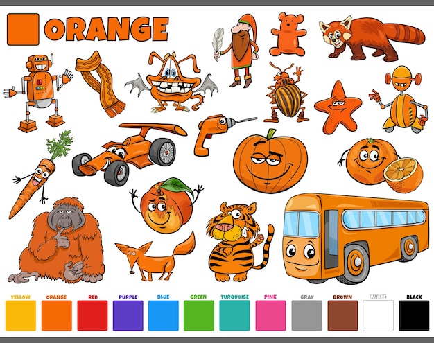 Set con personajes de dibujos animados y objetos en naranja.